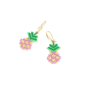 Handmade beaded pineapple drop earrings with green leaves and colorful fruit beads