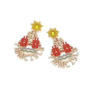 Chunky gold-tone alloy drop earrings with multi-color rhinestones and SUN CHASER lettering