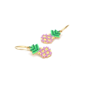 Handcrafted pineapple beaded dangle earrings in green and yellow with golden hooks