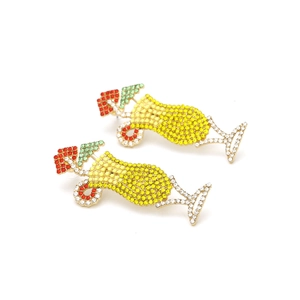 Exaggerated tropical cocktail glass earrings with colorful rhinestones on gold base