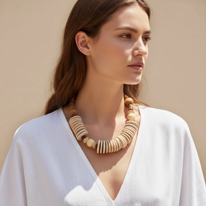 Handmade Wood Beaded Necklace Bohemian Geometric Disc Ball Chunky Statement Vintage Collar For Women