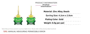Detailed dimensions of 4.2cm x 2.0cm beaded frog earrings with gold-plated zinc hooks