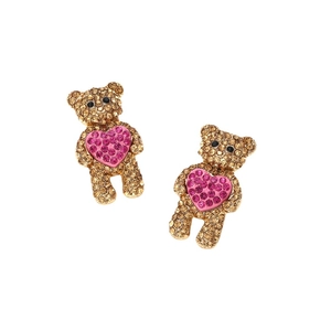 Boucles d'oreilles ours mignon avec cristaux dorés et cœur en strass rose pour femmes