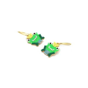 Handmade beaded frog earrings with colorful seed beads and gold-plated hooks