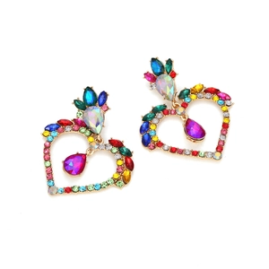 Luxurious hollow heart earrings with colorful rhinestones and purple teardrop pendant