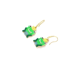 Handmade green beaded frog earrings with colorful contrast beads and golden hooks