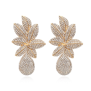 Boucles d'oreilles feuilles étincelantes avec strass AB et cristaux goutte d'eau dorés