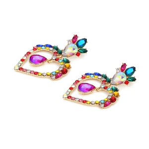 Hollow heart earrings with colorful rhinestones and teardrop pendant in gold plating