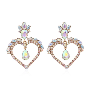 Exaggerated hollow heart-shaped gold alloy earrings with AB colorful rhinestones