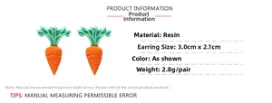 Detailed product dimensions for resin carrot earrings showing 3.0cm height and 2.8g weight