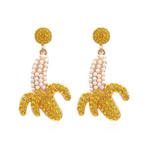 Banana Shape Dangle Earrings Shiny Yellow Rhinestones White Faux Artificial Pearl Zinc Alloy Fruit Tropical Vacation Style Women