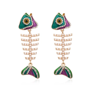 Fishbone Drop Earrings Gold Tone Enamel Rhinestone Imitation Artificial Pearl Hollow Out Animal Dangle Jewelry For Women