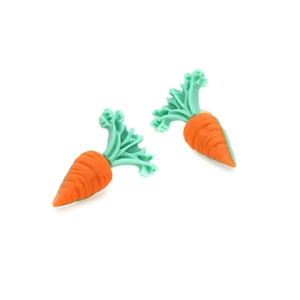 Cute resin carrot stud earrings for women featuring vibrant orange and green vegetable design