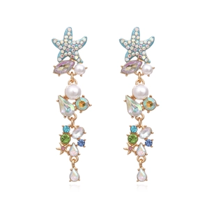 Luxury oversized starfish drop earrings with colorful crystals and white pearls for women