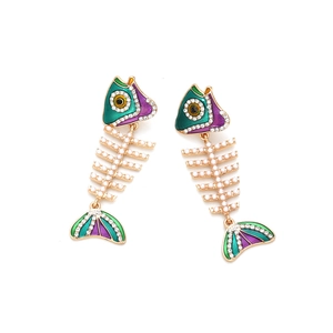 Golden fishbone drop earrings with colorful enamel, white pearls and sparkling crystals
