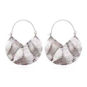 Exaggerated silver geometric fan-shaped earrings with pleated texture and hook design