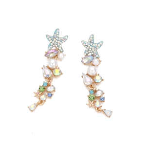 Chic ocean starfish drop earrings with blue crystals and pearls on gold alloy base