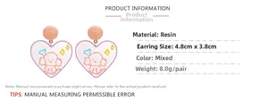 Detail specifications of heart-shaped acrylic puppy earrings with resin studs and dimensions