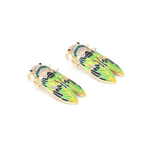 Vintage gold alloy cicada earrings with colorful enamel wings and sparkling rhinestones
