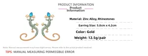 Detail view of crystal gecko earrings showing 5.8cm size and 12.5g weight specifications
