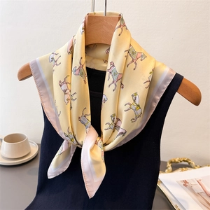 Square Scarf Horse Print Satin Polyester Elegant French Style Neck Hair Head Scarf For Women