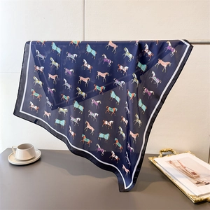Classic silk-feel dark blue scarf with elegant equestrian horse prints for women