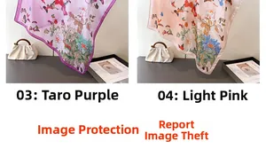 Detail of silk-like butterfly and floral print scarves in taro purple and light pink