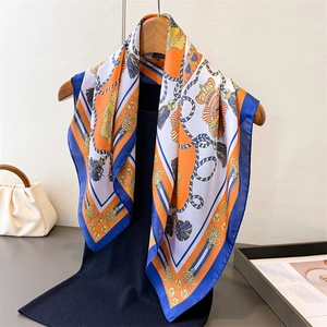 European vintage royal print silk scarf with chain and crown motifs in blue and orange