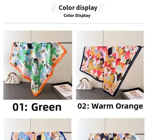 Detail of elegant chain and horse print silk scarves in green and warm orange tones