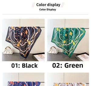 Detail view of silk scarf featuring vintage chain and floral prints in black and green