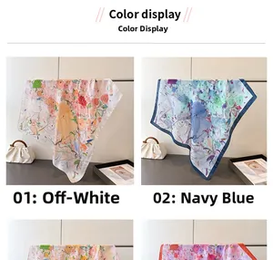 Detail view of artistic oil painting print silk scarves in cream white and navy blue colors