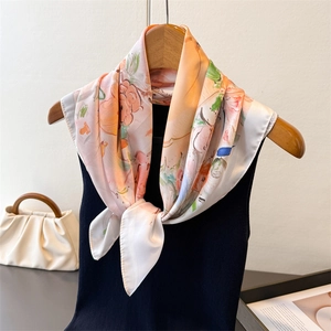 Oil Painting Floral Print Square Scarf Satin Like Satin Neck Kerchief Elegant Bandana Fashion Headscarf For Women