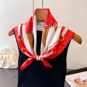 Carré De Satin Synthétique Imprimé Équestre Foulard Motif Mors Et Chaîne Élégant Rétro Bandana Pour Femme