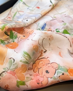 Detailed view of artistic oil painting floral print on soft silk-like fabric scarf