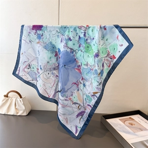 Square silk scarf with oil painting floral print and navy blue satin border drape