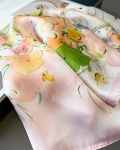 Detailed view of abstract floral oil painting print on silky satin square scarf