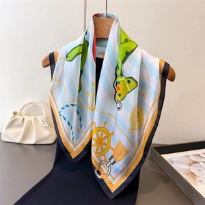 Elegant nautical print silk square scarf with yellow anchors on white and blue stripes