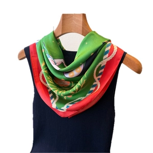 Elegant forest equestrian print silk square scarf with vibrant green and red borders