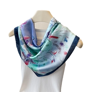 Artistic oil painting style silk scarf with blue-green floral print and dark blue edges