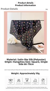Vue détaillée du foulard en satin à fleurs avec spécifications et instructions de lavage