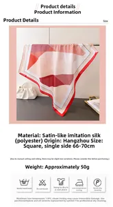 Macro detail of geometric satin silk scarf with core product specifications and measurements