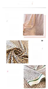 Detail of silk-like leopard print scarf featuring fine stitched green and white striped edges