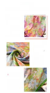 Detail of colorful abstract floral print silk scarf featuring fine stitched edge craft