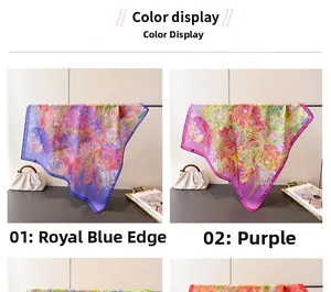 Detail of floral printed silk square scarf in royal blue and purple artistic patterns
