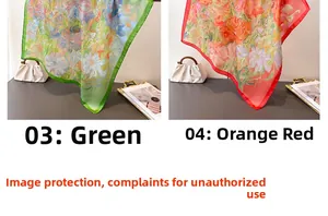 Detailed comparison of green and orange-red floral print silk scarves with rolled edges