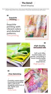 Détail du foulard en soie synthétique avec imprimé peinture à l'huile et bords soignés