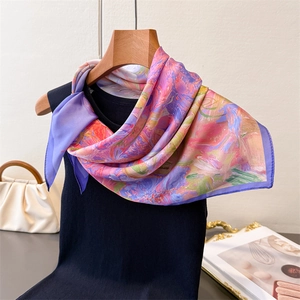 Detail view of artistic silk-feel square scarf with Impressionist oil painting floral print