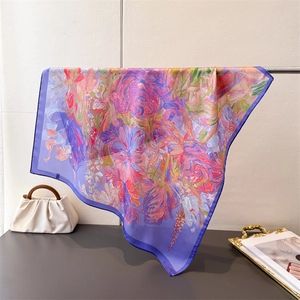 Elegant silk-like square scarf with impressionist oil painting floral print and satin finish