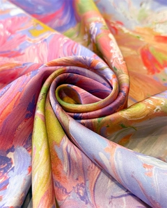 Detailed close-up of colorful abstract floral silk scarf with silky texture and sheen