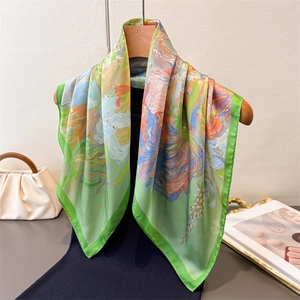Square Scarf Women Oil Painting Floral Print Imitation Satin Satin Neck Head Wrap Fashion Hair Accessory Chic Shawl